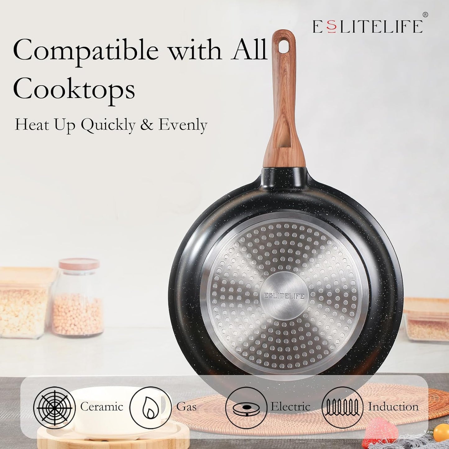 ESLITE LIFE Nonstick Ceramic Frying Pans Skillets Set with Lids, Non-Toxic Egg Omelette Kitchen Cooking Pans Compatible with All Stovetops (Gas, Electric & Induction), PTFE & PFOA Free (Black)