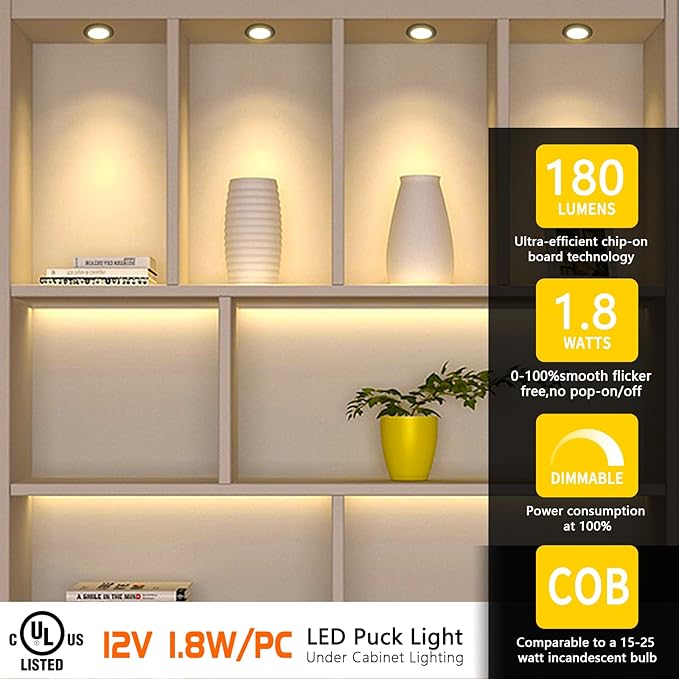 VST Under Cabinet Lights CCT 3000K-6500K, LED Puck Light Color Temperature and Brightness Adjustable with Touch Remote Dimmer and ETL-Listed Led Driver for Drawer Wardrobe Kitchen