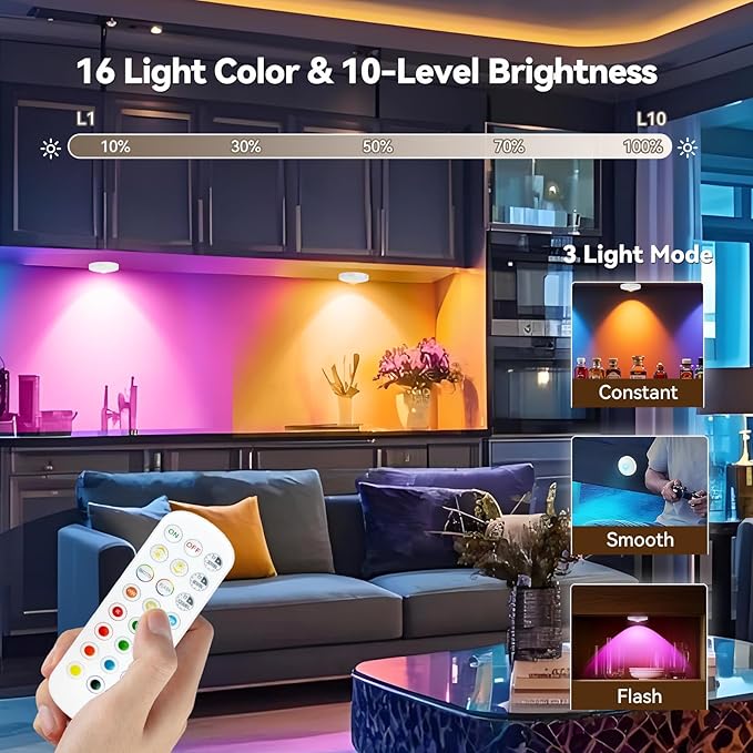 Rechargeable Puck Lights with Remote, 6 Pack Magnetic Under Cabinet Lighting, 1500mAh Battery Operated LED Tap Lights with Dimmer & Timmer for Kitchen, Closet, Shelf - 3 Color Temps & 12 RGB, White