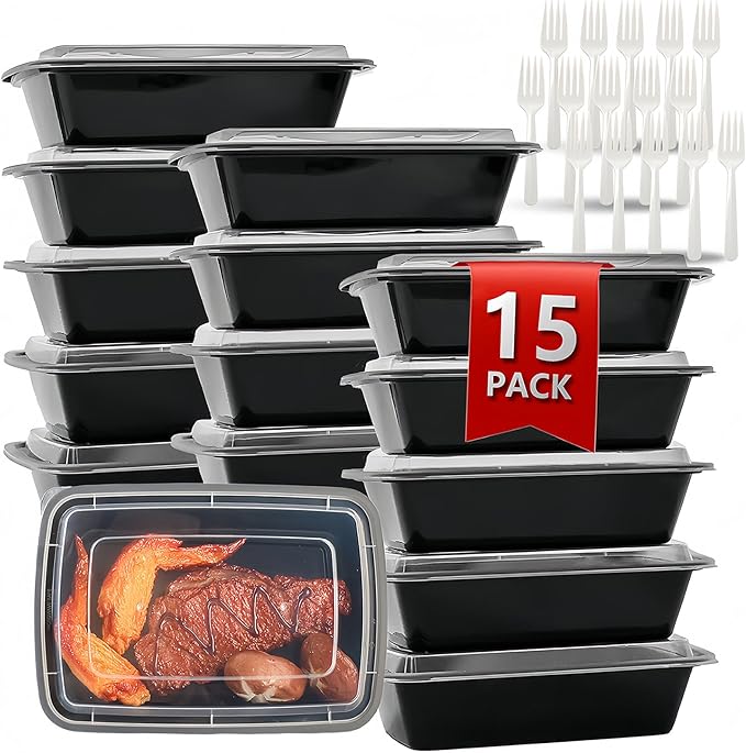 Meal Prep Containers Reusable 15 Pack-34 oz Food Storage Containers with Lids To Go Food Containers Takeout with 15 Forks, Microwave Dishwasher Freezer Safe, BPA Free, Plastic (Black)