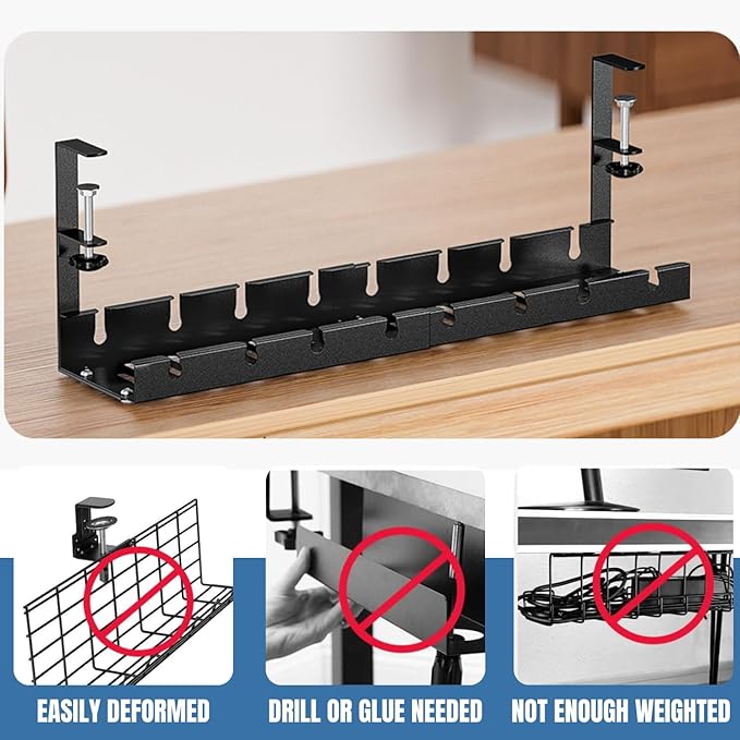 Extendable Under Desk Cable Management Tray | No Drill Adjustable Height Standing Desk Wire Organizer with Screw Mount Clamp & 2 Pcs Cable Sleeves | Under Table Cord Management with Tools, Accessories