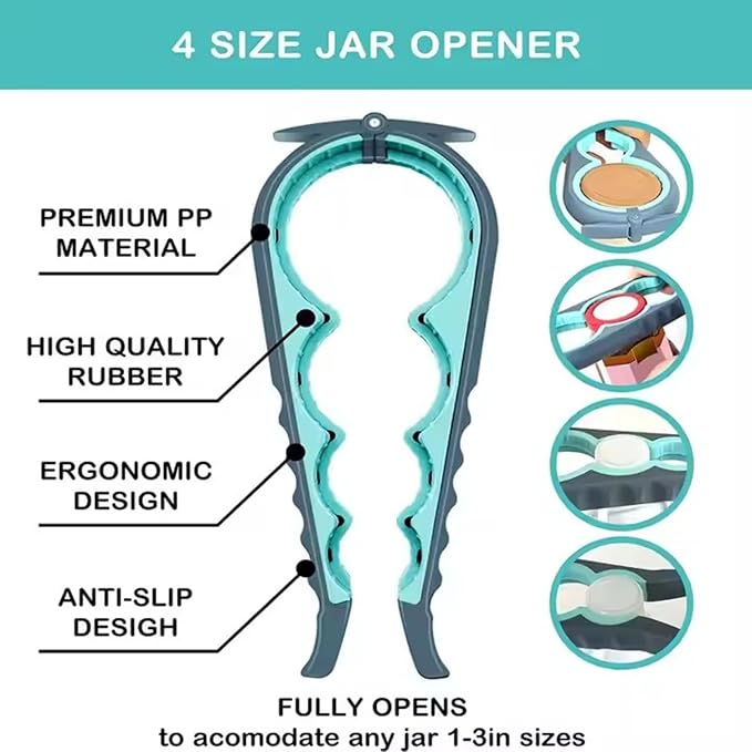 Jar Opener for Arthritis & Weak Hands | 4-in-1 Easy Grip Jar, Bottle & Can Lid Remover | Ergonomic Non-Slip Kitchen Aid, Durable & Portable Opener for Seniors, Adults & Kids