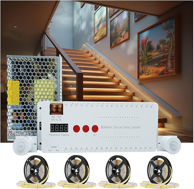 Motion Triggered LED Stair Lights Indoor, 40" Cuttable Motion Sensor COB LED Strip Light Kit with 9 Modes Ideal for Indoor Step Lights(Warm White 3000K, 16 Stairs)