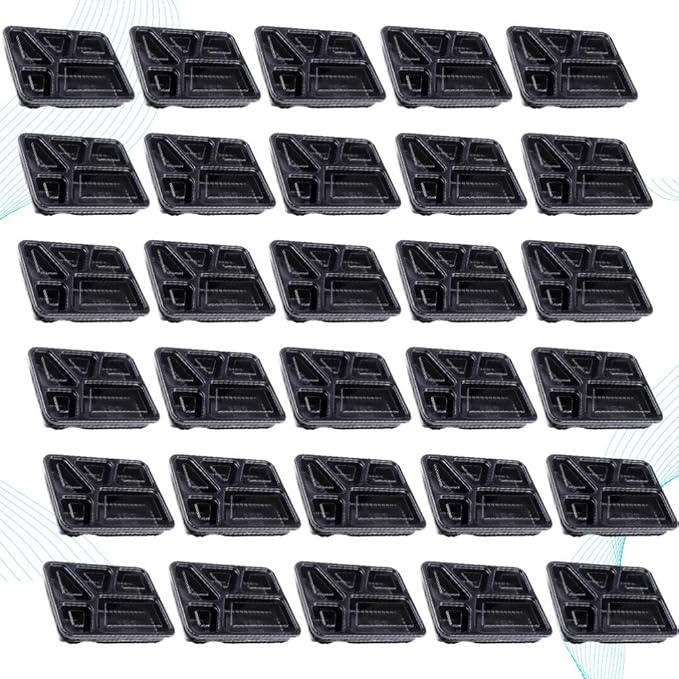 Hemoton 30pcs Disposable Bento Box 5 Compartment Meal Prep Container with Lid Microwave Heating Food Box for Home Restaurant (Black)