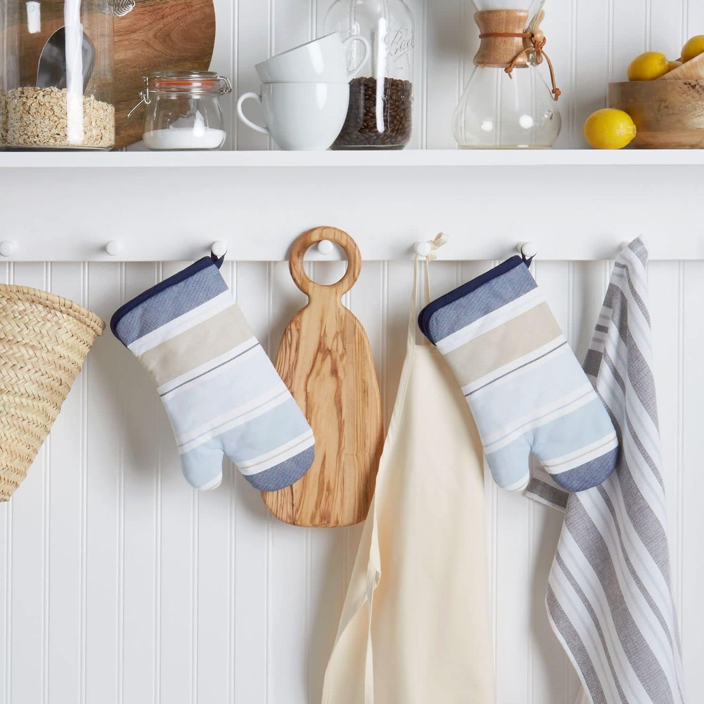 Martha Stewart Thin Stripe Oven Mitt 2-Pack Set, Blue, 7"x13"