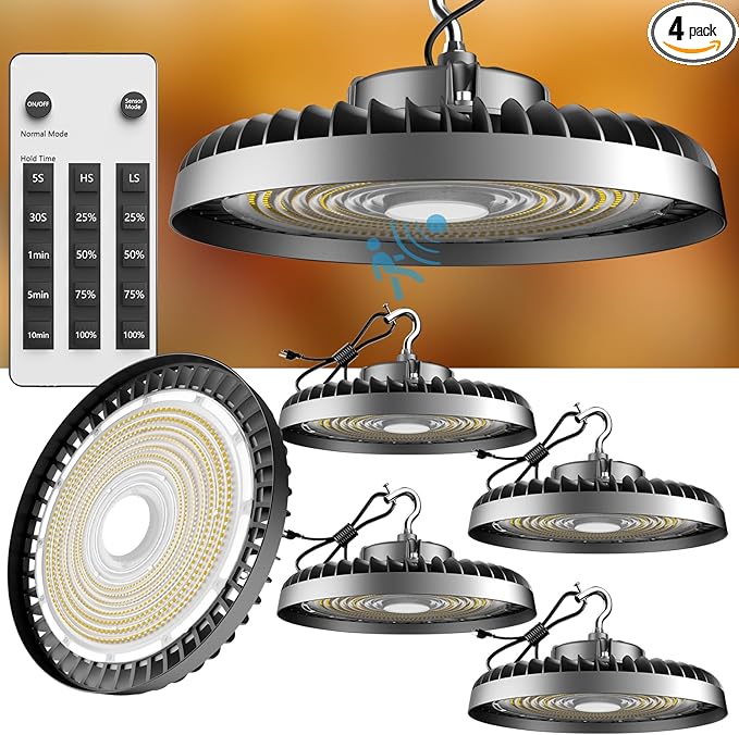 Lightdot Smart 200W LED High Bay Light with Control (Supports Normal Mode & Motion Mode) 30000lm UFO High Bay Shop Light, AC100-277V 5000K Daylight with Plug-4Pack
