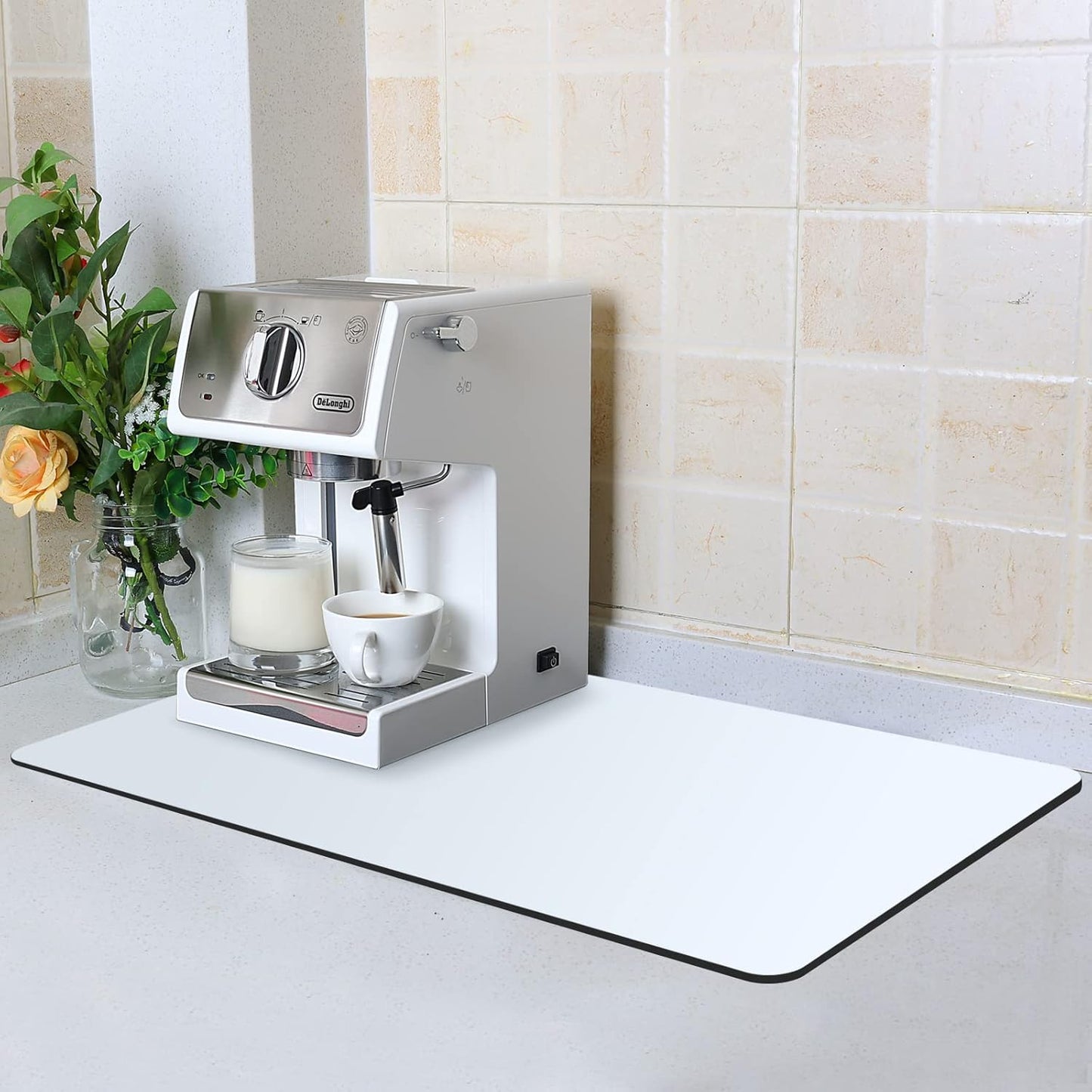 ZLR Coffee Mat - 16" x 24" Extra Large Kitchen Hide Stain Absorbent Dish Drying Mat for Countertop - Easy to Clean Coffee Bar Mat for Espresso Machine and Spill Protection - Milk White