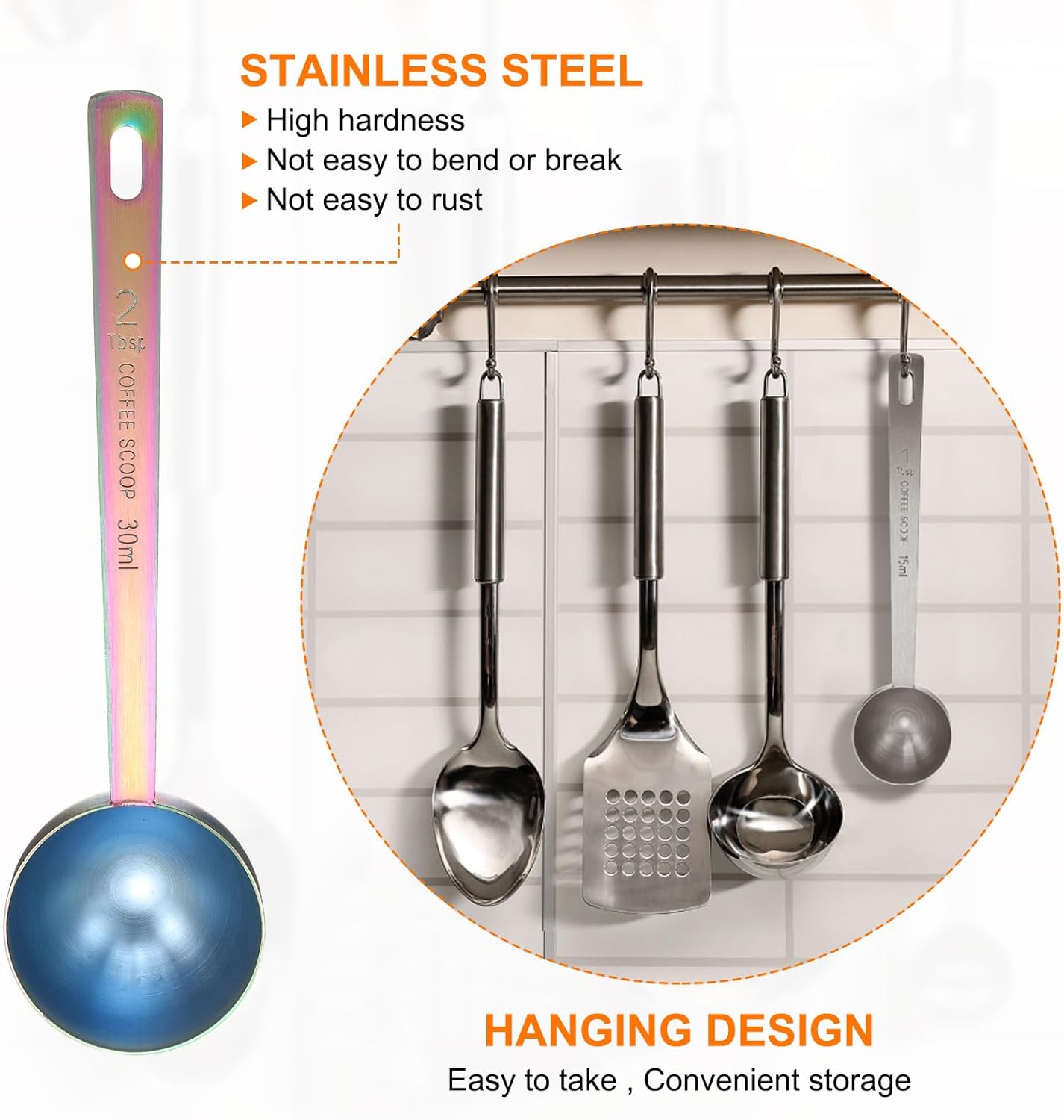 HARFINGTON Coffee Scoop Spoon 2tbsp (6tsp, 30ml) 304 Stainless Steel Long Handle Teaspoon/Tablespoon Measuring Spoons Scoops for Tea Sugar Kitchen, Multicolor