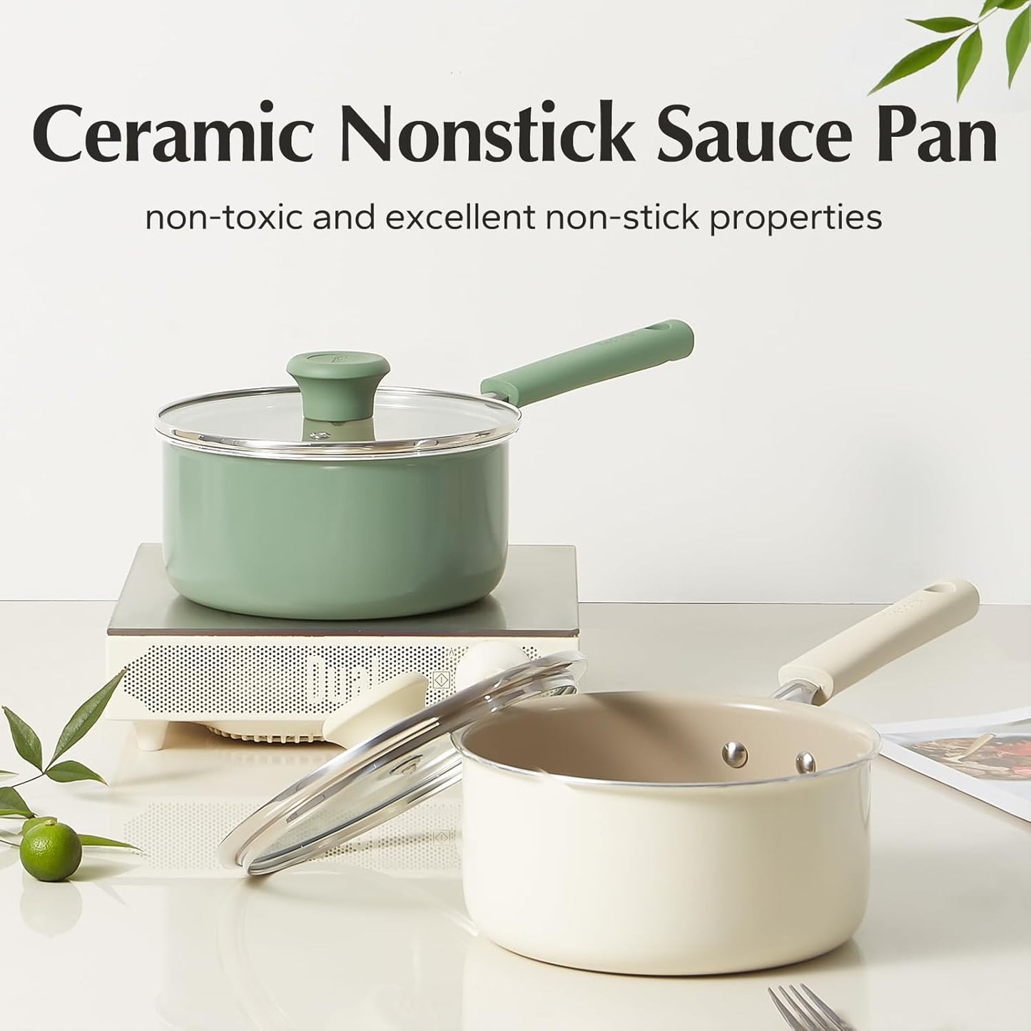 Redchef Ceramic Nonstick Saucepan with Lid, 3QT Small Cooking Pot, Non Toxic Sauce Pans for Kitchen, Cool Handle PFAS Free Compatible with All Cooktops, White