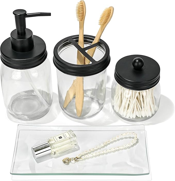 Haturi Mason Jar Bathroom Accessories Set, 4Pcs Glass Bathroom Accessory Set Complete w/Soap Dispenser, Toothbrush Holder, Qtip Holder, Vanity Tray, Rustic Farmhouse Decor, Gift for Apartment (Black)