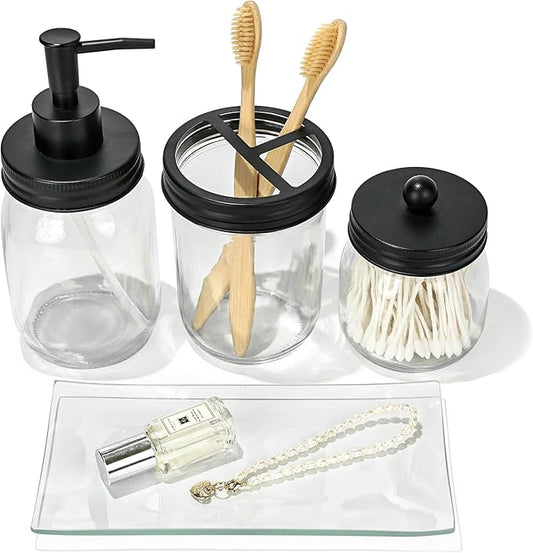 Haturi Mason Jar Bathroom Accessories Set, 4Pcs Glass Bathroom Accessory Set Complete w/Soap Dispenser, Toothbrush Holder, Qtip Holder, Vanity Tray, Rustic Farmhouse Decor, Gift for Apartment (Black)