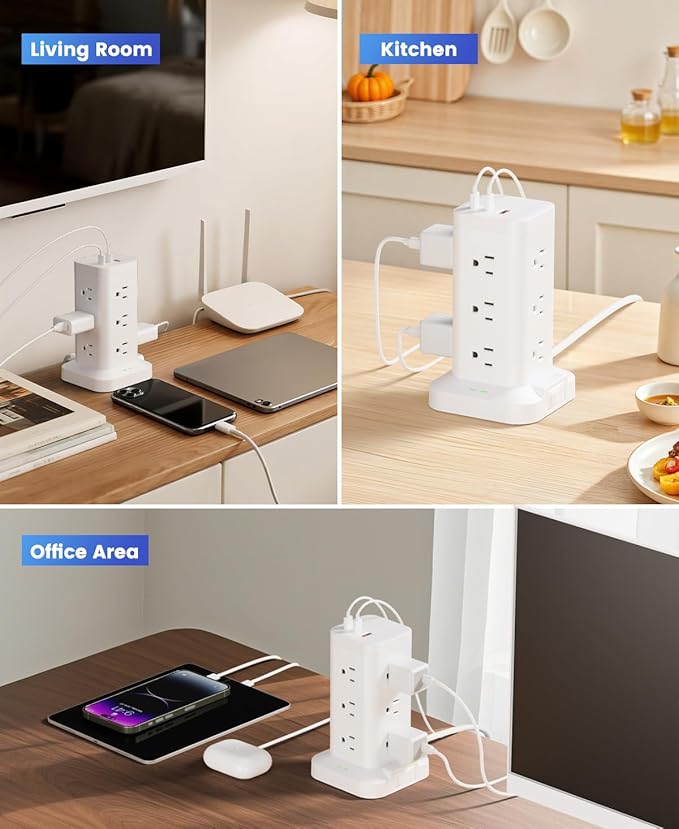 15-in-1 Power Strip Tower with Surge Protector 1800J, Fast Charging Tower PD20W USB-C Ports with 12 AC Outlets, 9.8ft Extension Cord for Home Office Dorm Room, White