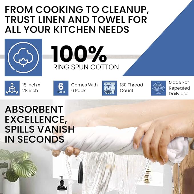 LITO LINEN AND TOWEL Flour Sack Towels - 100% Cotton Tea Towels for Crafts, Dish Towels for Kitchen, Embroidery, Cleaning, Baking (Pack of 6) - 18"x 28"