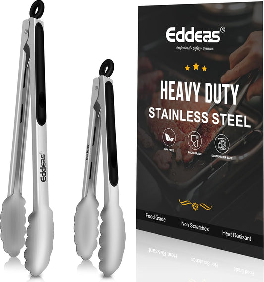 Kitchen Tongs - 9" and 12" Tongs for cooking, Heat Resistant 600 Degrees Stainless Steel Metal Tong and Non-Slip Handle - Perfect for Cooking, Salad and BBQ, Set of 2
