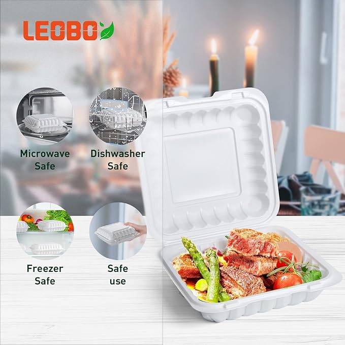 Takeout Container Mineral Filled PP Plastic - 8 Inch 34oz 55 Pack | Shrink Wrap BPA Free To Go Boxes | Reusable Dishwasher Microwave Freezer Safe for Food Delivery | White Disposable Containers