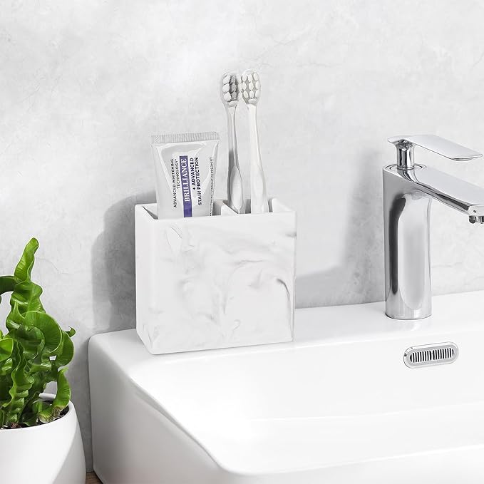 Diatomite Toothbrush Holder 2 Slots Tooth Brush Holder for Bathroom, Kids Electric Toothbrush and Toothpaste Organizer for Countertop, Shower, Vanity, Marble White