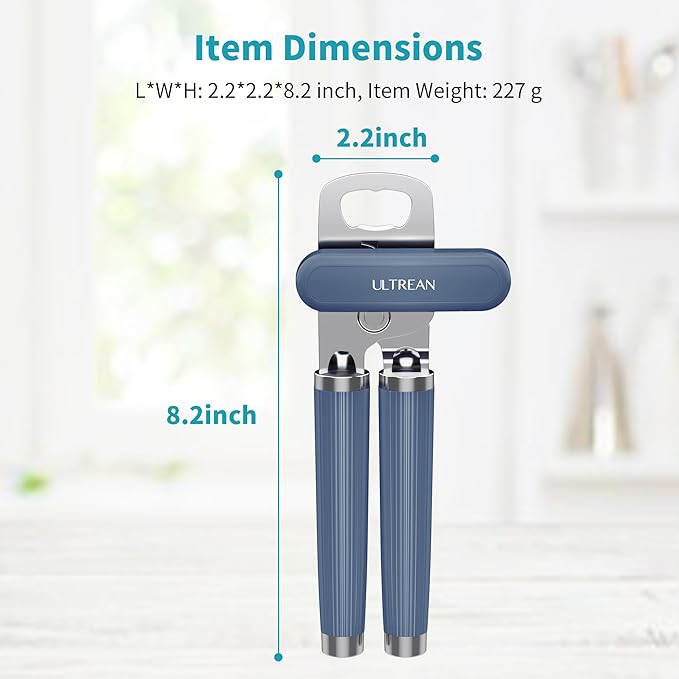 Ultrean Manual Can Opener Bottle Opener, Heavy Duty Stainless Steel Smooth Edge Manual Hand Held Can Opener With Soft Touch Handle, Rust Proof Oversized Handheld Easy Turn Knob (Navy Blue)