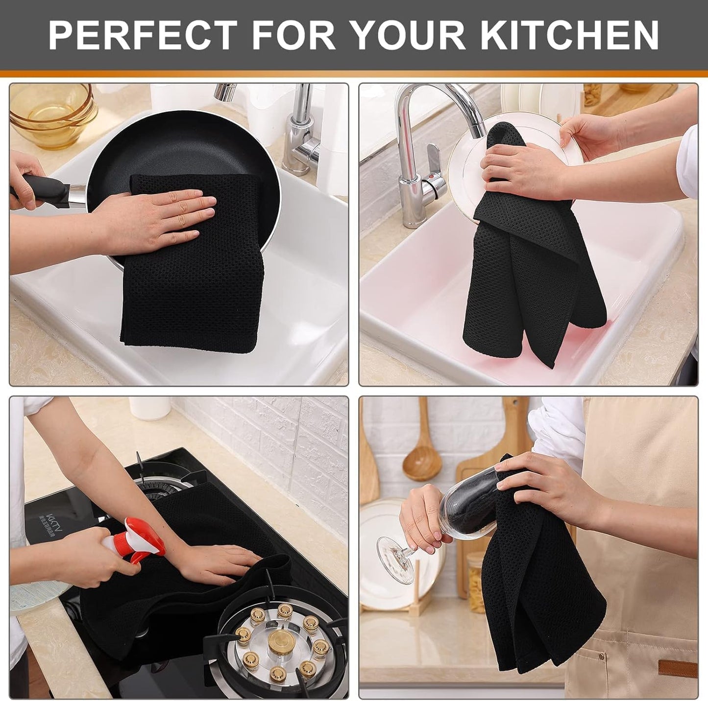 Kitinjoy 100% Cotton Waffle Weave Kitchen Towels, 12-Pack Super Soft and Absorbent Kitchen Dish Towels for Drying Dishes, Kitchen Hand Towels, 13 in x 28 in, Black