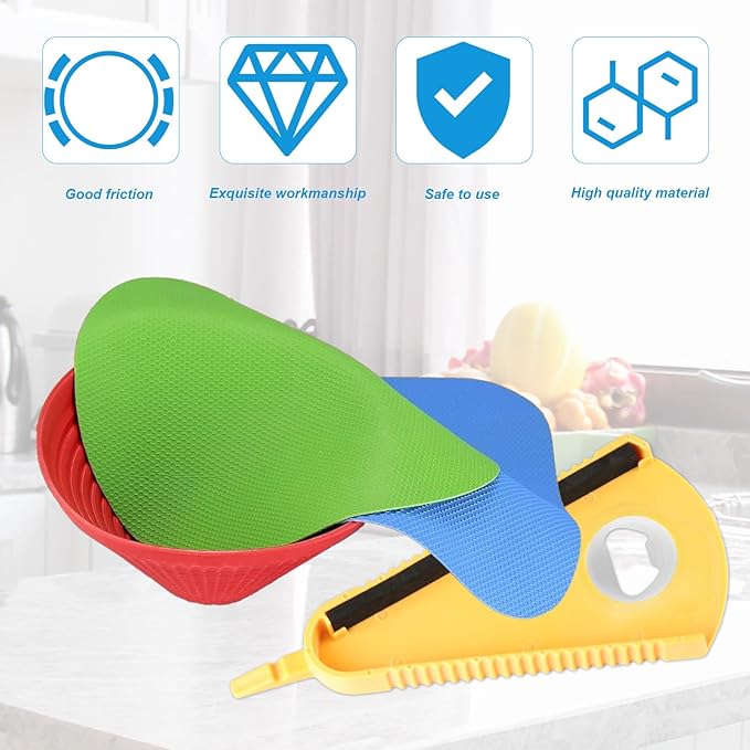 3 Rubber Jar Opener Grippers & 1 Lid Jar Opener for Seniors with Arthritis, Jar Opener Gripper Pads, Rubber Jar Grippers for Opening Jars and Bottles, Multi Purpose Bottle Lid Openers for Weak Hands