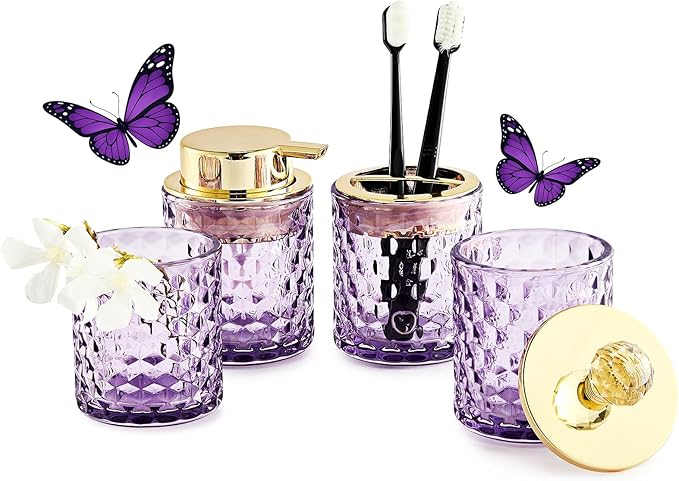 Purple Bathroom Accessories, 4Pcs Purple Bathroom Accessory Set Complete, Toothbrush Holder Set, Soap Dispenser, Qtip Holder, Tumbler, Perfect for Bathroom Decor and Vanit
