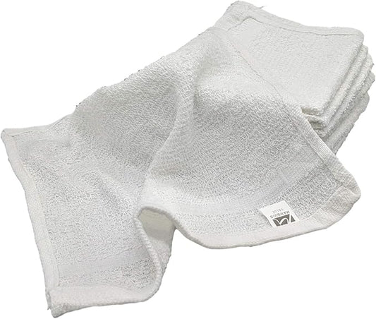 12 Inch x 12 Inch White Cotton Value Washcloths - Reusable Lt Weight Thin Cloth Rags - Bath/Exfoliating/Kitchen/Garage - 3/4 Lb per Dozen - Set of 12