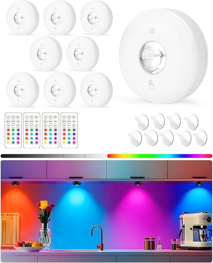 Yiliaw LED Puck Lights with Remote, Magnetic AAA Battery Operated Light, Under Cabinet Lighting, Tap Lights with Dimmer & Timmer for Kitchen, Closet, Shelf - 9 Pack, White