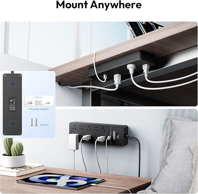 NTONPOWER 25 Ft Extension Cord ETL, 2100J Surge Protector Power Strip, 1875W/15A Overload Protection, 10 Outlets with 2 USB Ports, Wall Mountable for Workbench, Home, Office or Garage, Black