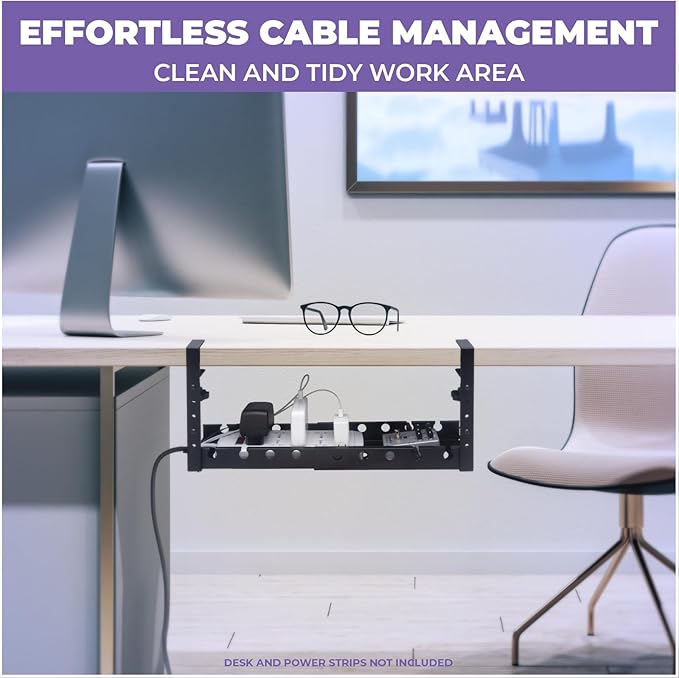 Liquid Stands Extendable Under Desk Cable Management Tray - 22.5' Metal Wire Cable Organizer Under Desk - Cord Management with Clamp Aluminum Wire Tray Power Strip Cord Holder for Piano Stand