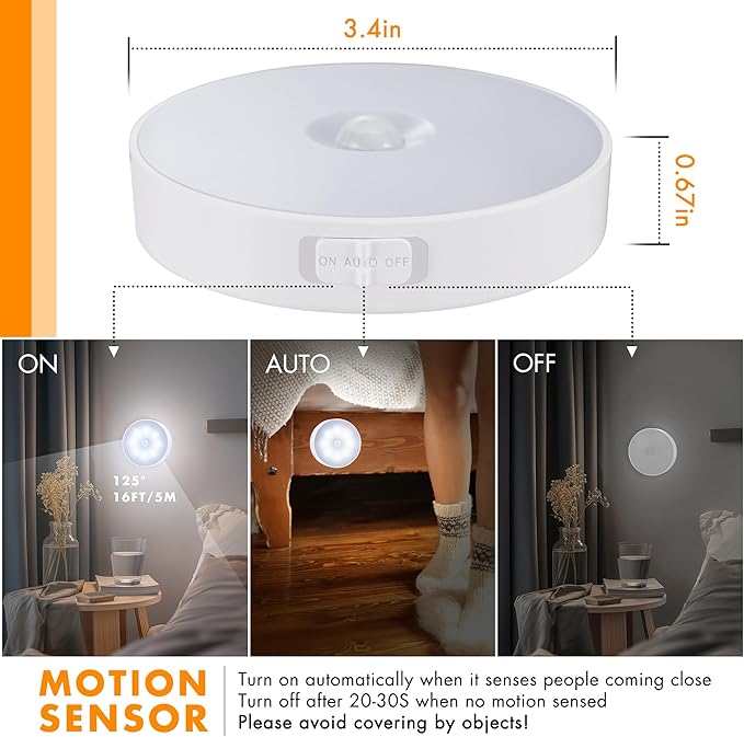 EverBrite 6 Pack Puck Lights with Remote, Wireless Closet and Under Cabinet Lights, Rechargeable Motion Sensor, Dimmable, Timable, Magnetic Attract - for Closet, Drawer, Stair, Bedroom