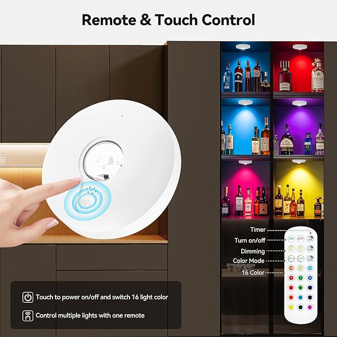 Rechargeable Puck Lights with Remote, 6 Pack Magnetic Under Cabinet Lighting, 1500mAh Battery Operated LED Tap Lights with Dimmer & Timmer for Kitchen, Closet, Shelf - 3 Color Temps & 12 RGB, White
