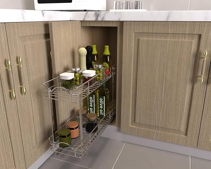 OCG Slide Out Cabinet Organizer for Narrow Cabinet (5" W X 21" D), 2 Tier Pull Out Shelves Slim Sliding Cabinet Organizer and Storage, Chrome