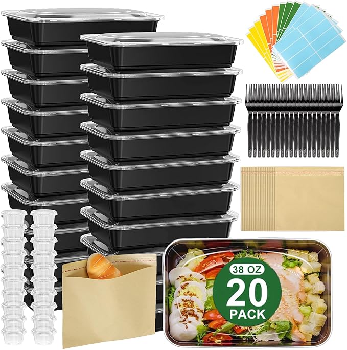 20 Pack (92 Pcs) 38 OZ Disposable Meal Prep Containers Plastic Food Container with Lids for Snack BPA Free, Microwave and Freezer Safe, To Go & Take Out Food Containers with Lids for Microwave Dishes