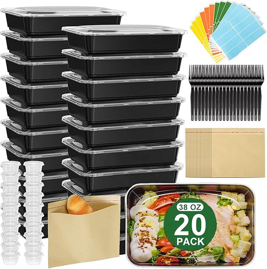20 Pack (92 Pcs) 38 OZ Disposable Meal Prep Containers Plastic Food Container with Lids for Snack BPA Free, Microwave and Freezer Safe, To Go & Take Out Food Containers with Lids for Microwave Dishes