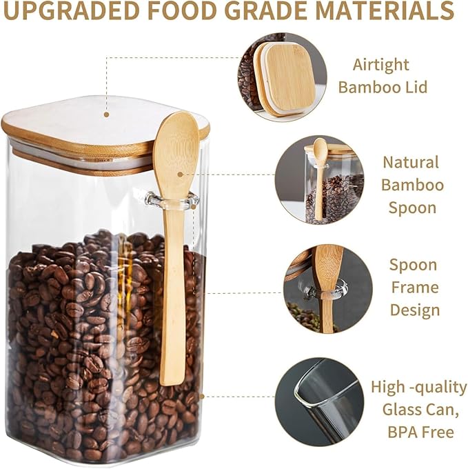 Unbreakable Glass Jars with Airtight Lids and Spoons, 2Pcs Overnight Oats Containers with Lids and Spoons, Glass Food Storage Containers for Coffee Beans, Flour, Sugar, Cookie, Pasta