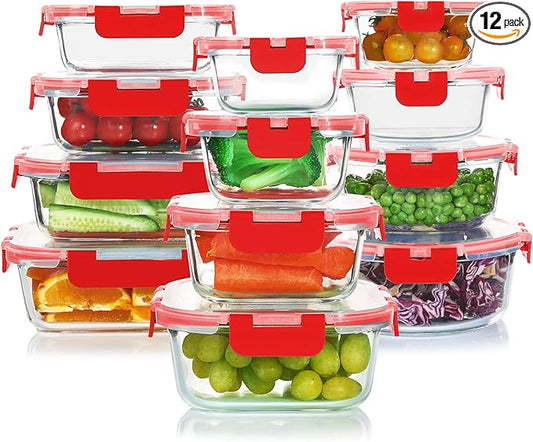 KOMUEE 24 Pieces Glass Food Storage Containers Set,Glass Meal Prep Containers-Stackable Airtight Glass Storage Containers with lids,Freezer, Microwave, Oven Safe,Red