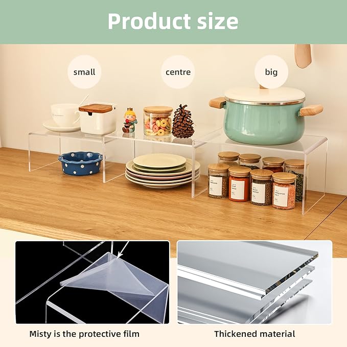 3 Pieces Clear Cabinet Organizer, 5mm Acrylic Kitchen Shelves Organizer Spice Rack Clear Display Shelves, Room Decor Pantry Countertop Desk Organizer Shelves