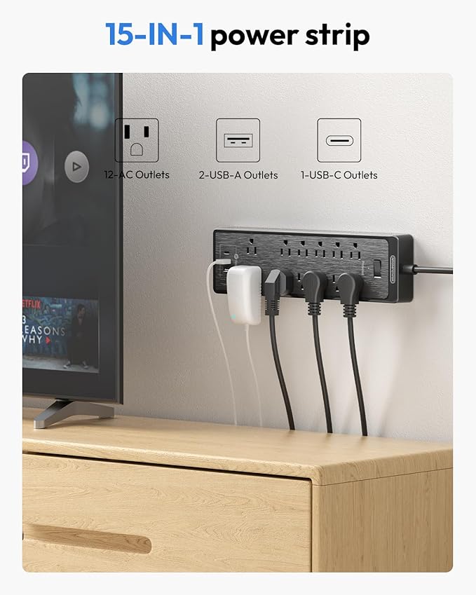 NTONPOWER Flat Plug Extension Cord 25 Ft, Surge Protector Power Strip with 12 Outlets(2 Widely Space) 3 USB, Overload Protection Switch, 2100 Joules, Wall Mount for Home Office and Workbench, Black