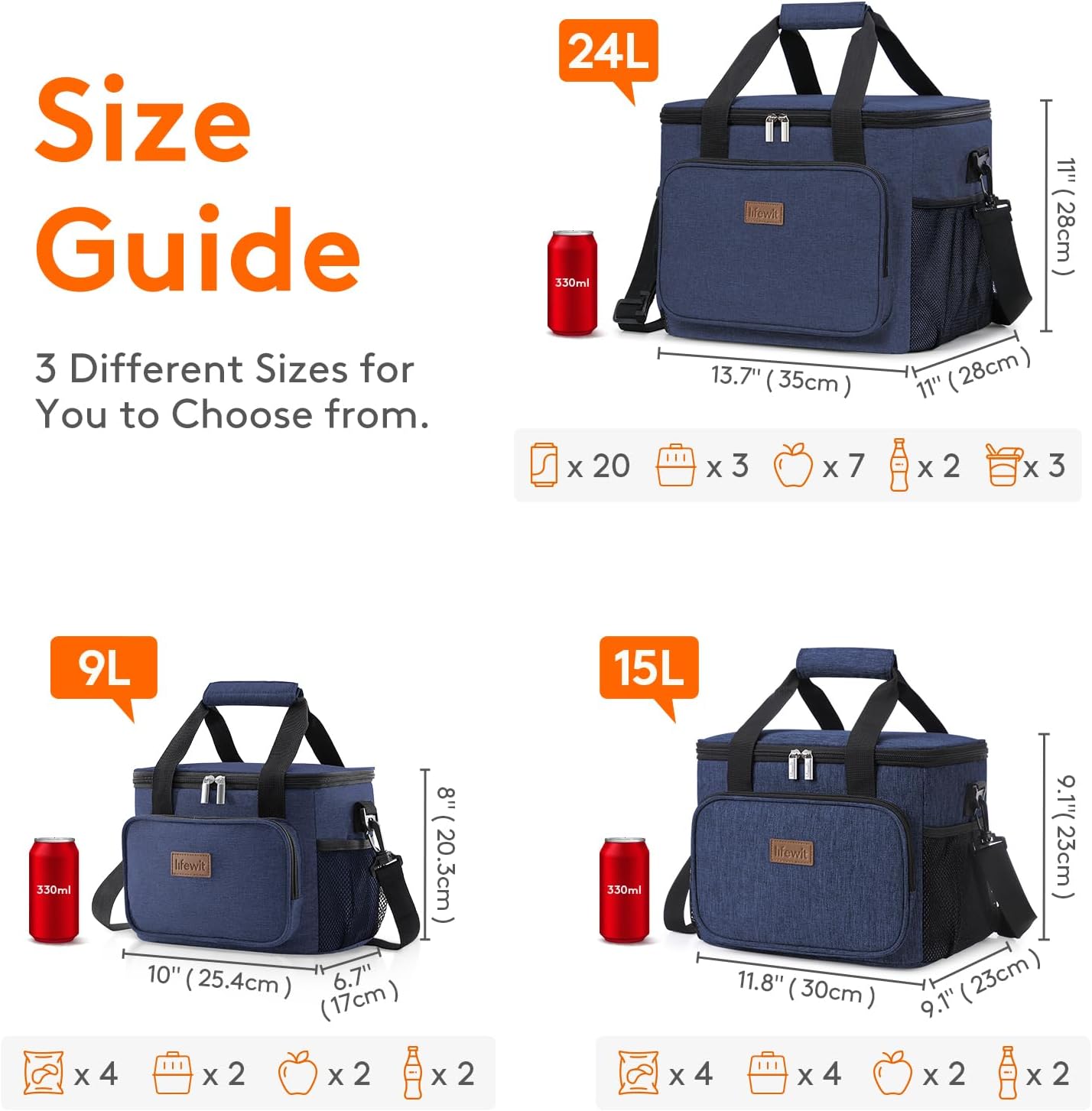 Lifewit Large Lunch Bag Insulated Lunch Box Soft Cooler Cooling Tote for Adult Men Women, Dark Blue 24-Can (15L), 11.8" × 9.1" × 9.1"
