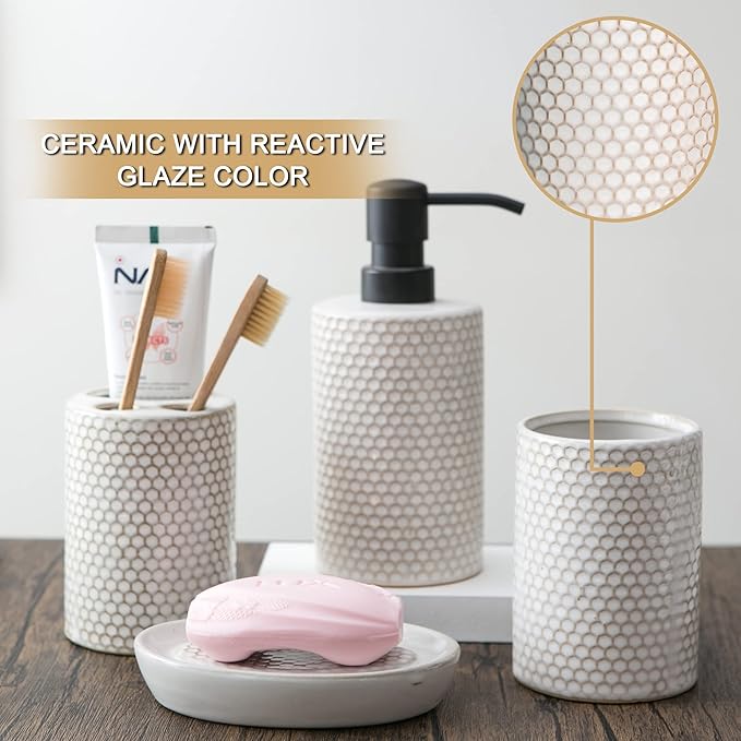 Bathroom Accessory Set-4 Pcs Complete, Honeycomb Pattern Ceramic Bathroom Accessories Gift Set Toothbrush Holder, Toothbrush Cup, Soap Dish, Soap Dispenser