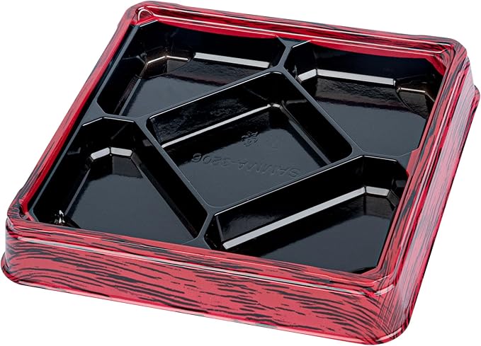 Restaurantware Bento Tek 18.6 Ounce Meal Prep Containers, 50 Disposable To Go Food Boxes - Lids Sold Separately, 5 Compartments, Red And Black Plastic Bento Lunch Boxes, Freezable, For Take Out