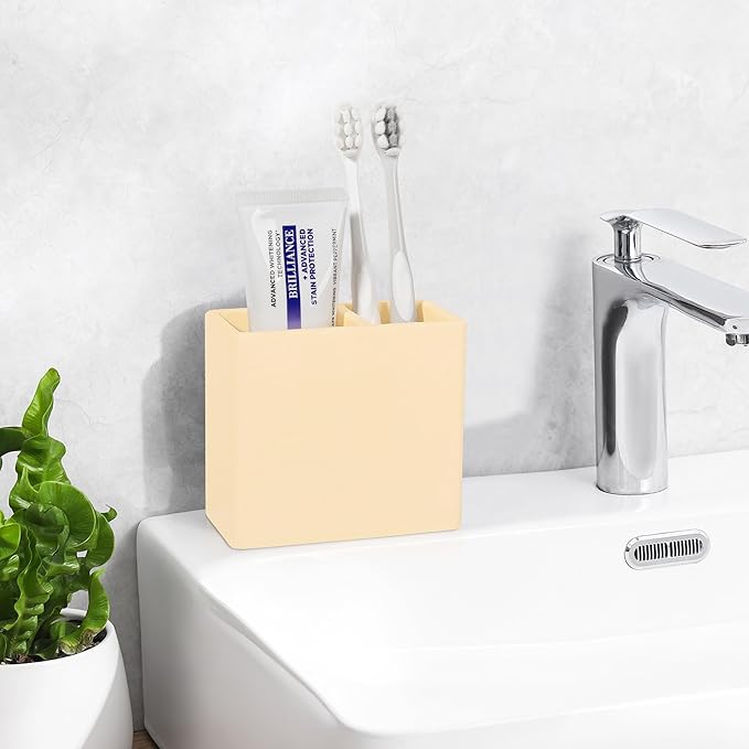 Diatomite Toothbrush Holder 2 Slots Tooth Brush Holder for Bathroom, Kids Electric Toothbrush and Toothpaste Organizer for Countertop, Shower, Vanity, Yellow