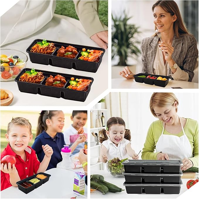 Disposable Food Storage Containers with Lids Meal Prep 3-Compartment To Go Take Out Plastic Black, Sturdy Leakproof Food Safe, Microwave Freezer Dishwasher Safe (50, 3 compartment)