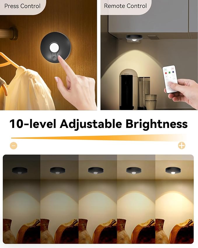 Rechargeable RGB Puck Lights with Remote Control, 1500mAh Battery Operated Push Lights, Dimmable & Timer Under Cabinet Lighting for Closet, Bedroom, Kitchen Black 12Pcs
