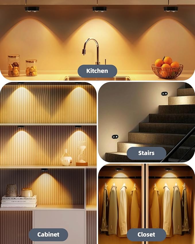 Yiliaw LED Motion Sensor Puck Lights Indoor, Small Rechargeable Under Cabinet Lighting, Dimmable Warm White Closet Lights, Stick on Wireless Night Light for Drawer, Shelf, Kitchen, Black (6 Pack)