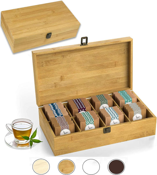Bamboo Tea Organizer Box Chemical Free Eco-Friendly Big, Tall, Adjustable Cubbies Natural Wooden Storage Chest (8-Slot 14.3" x 8.1" x 4.2" Blank)
