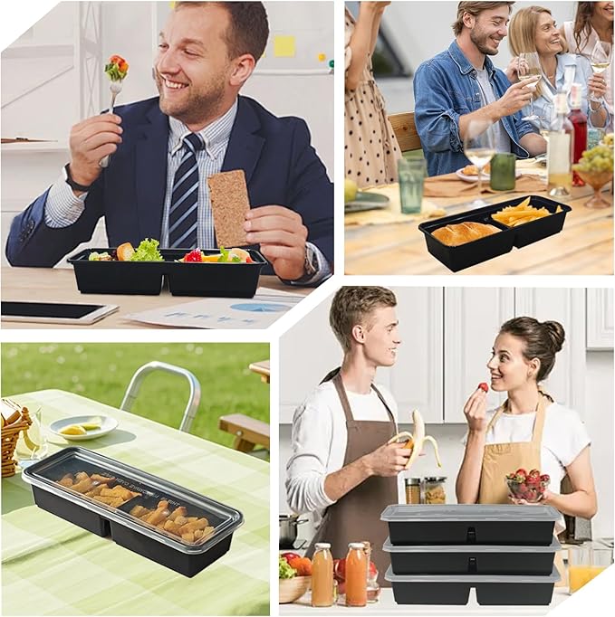 Disposable Food Storage Containers with Lids Meal Prep 2-Compartment To Go Take Out Plastic Black, Sturdy Leakproof Food Safe, Microwave Freezer Dishwasher Safe (50, 2 compartment)