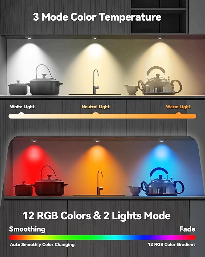 Rechargeable RGB Puck Lights with Remote Control, 1500mAh Battery Operated Push Lights, Dimmable & Timer Under Cabinet Lighting for Closet, Bedroom, Kitchen Black 6Pcs