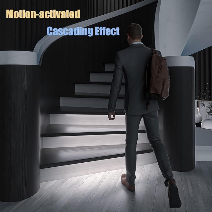 Motion-Activated Cascading Effect LED Stair Lighting Kit KMG-3233, 23.6" Aluminum Light Bar for Indoor Staircases (Cool White 6000K, 16 Stairs)