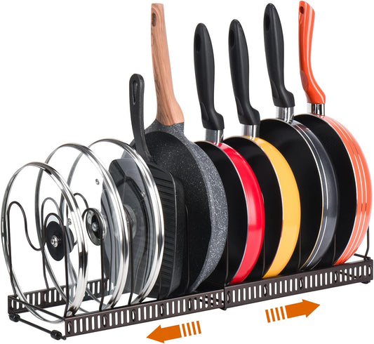 Toplife Pots and Pans Organizer Rack for Cabinet and Countertop, 10+ Pot Lids, Bakeware and Cookware Organizer Rack Holder with 10 Adjustable Compartments - Brown