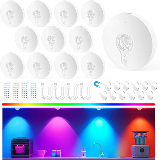 Rechargeable Puck Lights with Remote, 12 Pack Magnetic Under Cabinet Lighting, 1500mAh Battery Operated LED Tap Lights with Dimmer & Timmer for Kitchen, Closet, Shelf - 3 Color Temps & 12 RGB, White